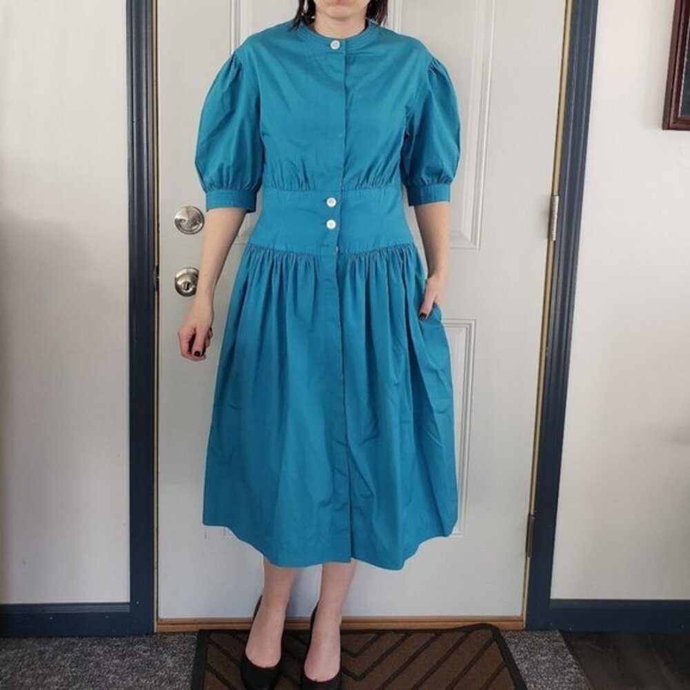 Vintage 80s Teal Button Down Midi Dress Size Medium
